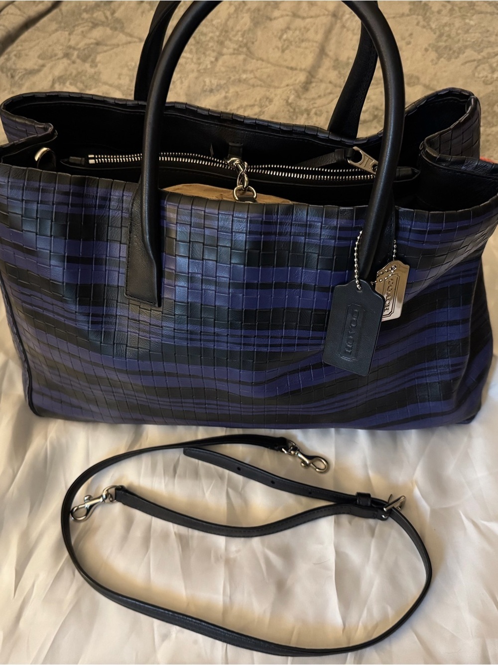 Coach Bleecker Black and Indigo Woven Leather Satchel with Shoulder Strap
